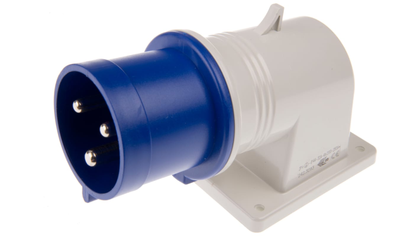 Scame IP44 Blue Wall Mount 2P + E Right Angle Industrial Power Plug, Rated At 32A, 230 V