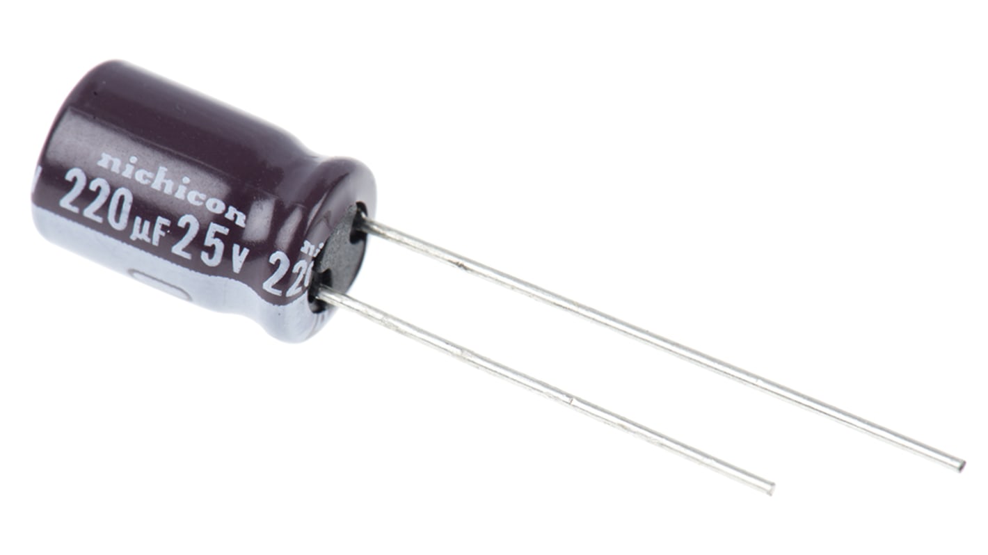 Condensatore Nichicon, serie PS, 220μF, 25V cc, ±20%, +105°C, Radiale, Foro passante