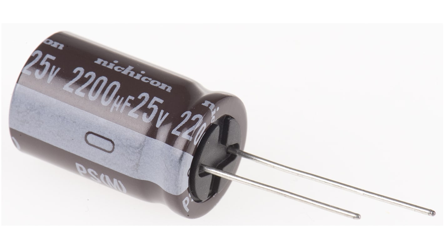 Nichicon 2200μF Aluminium Electrolytic Capacitor 25V dc, Radial, Through Hole - UPS1E222MHD