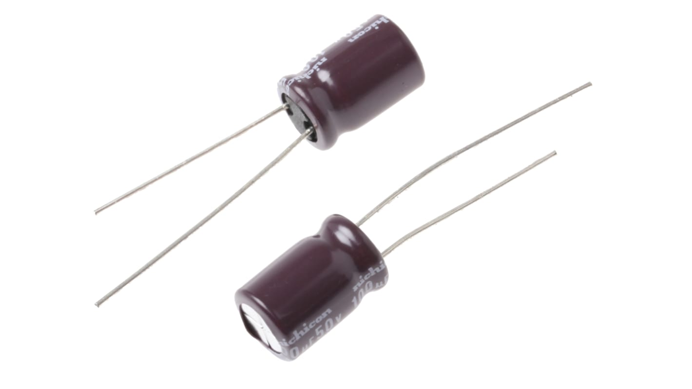 Condensatore Nichicon, serie PS, 100μF, 50V cc, ±20%, +105°C, Radiale, Foro passante