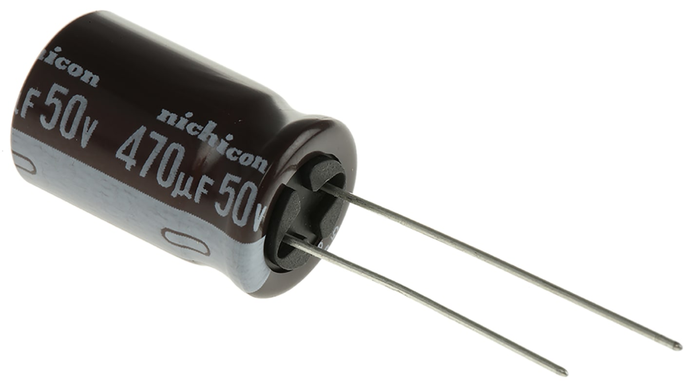 Condensador electrolítico Nichicon serie PS, 470μF, ±20%, 50V dc, Radial, Orificio pasante, 12.5 (Dia.) x 20mm, paso 5mm