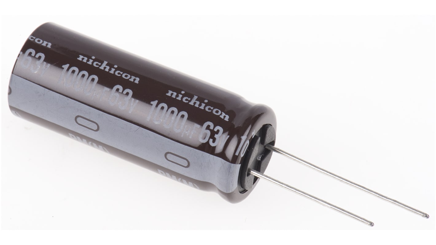 Nichicon 1000μF Aluminium Electrolytic Capacitor 63V dc, Radial, Through Hole - UPM1J102MHD