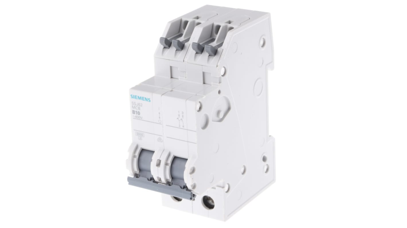 Disjoncteur Siemens 5SJ6 2P, 10A, pouvoir de coupure 6 kA, montage rail DIN