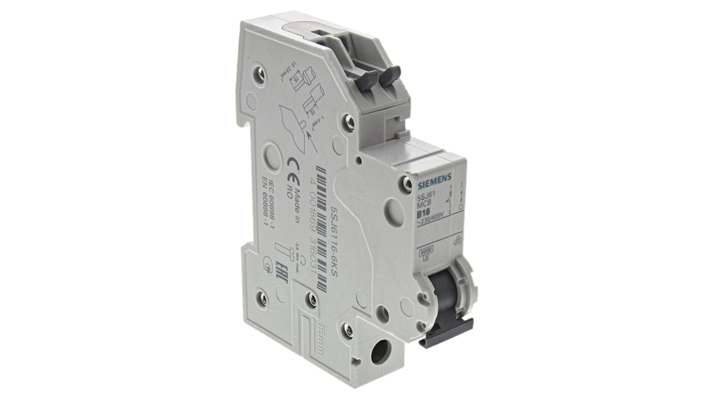 Siemens Sentron 5SJ6 MCB, 1P, 16A Curve B, 230V AC, 60V DC, 6 kA Breaking Capacity