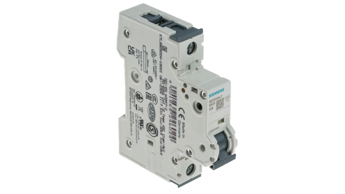 Siemens Sentron 5SY6 MCB, 1P, 4A Curve C, 230V AC, 72V DC, 6 kA Breaking Capacity