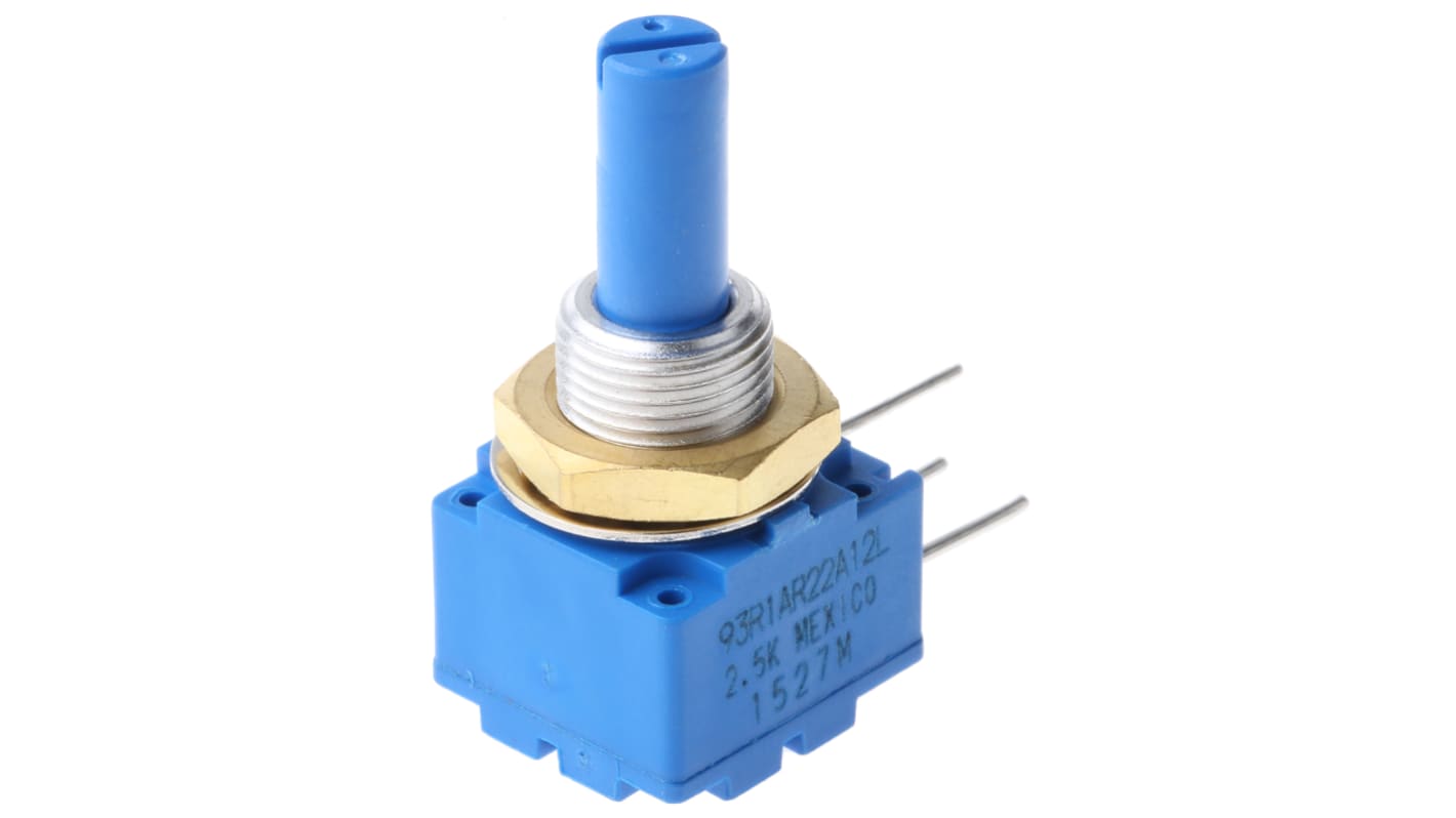 Bourns 93R1A-R22-A12L Potentiometer, 6 mm aksel, Panelmontering, Hulmontering, 2.5kΩ, ±10%, 2W
