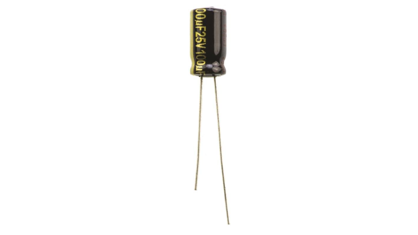 Panasonic FM-A, THT Aluminium-Elektrolyt  Alu Kondensator, Elko 100μF ±20% / 25V dc, Ø 6.3mm x 11.2mm x 11.2mm, bis