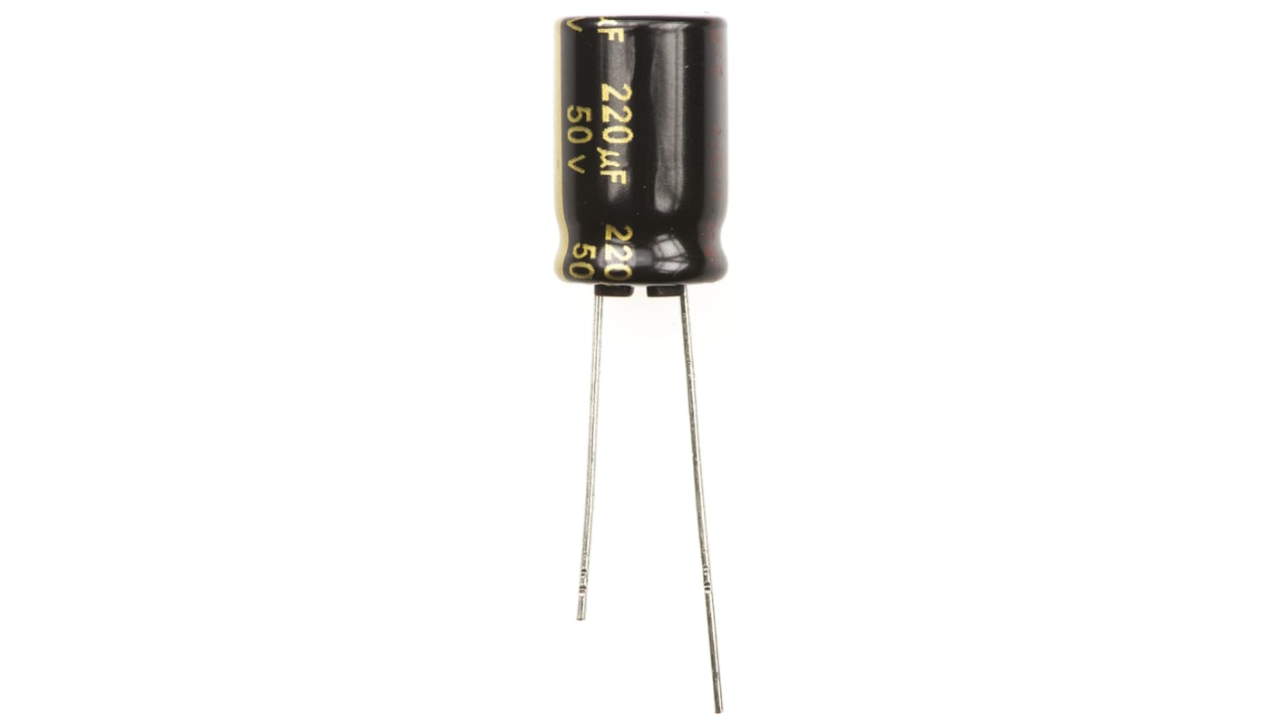 Panasonic 直插铝电解电容, 220μF, 50V 直流, 10 (Dia.) x 16mm, 最高+105°C, FM-A系列