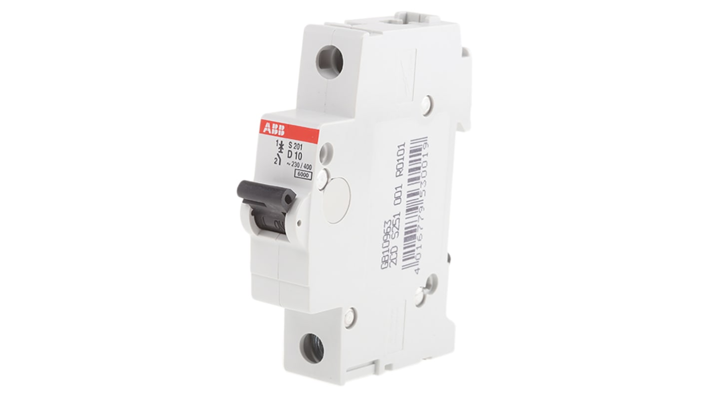 ABB D型MCB, 1极, 6 kA分断, 10A, 253VAC, 72VDC, S200系列 S201-D10