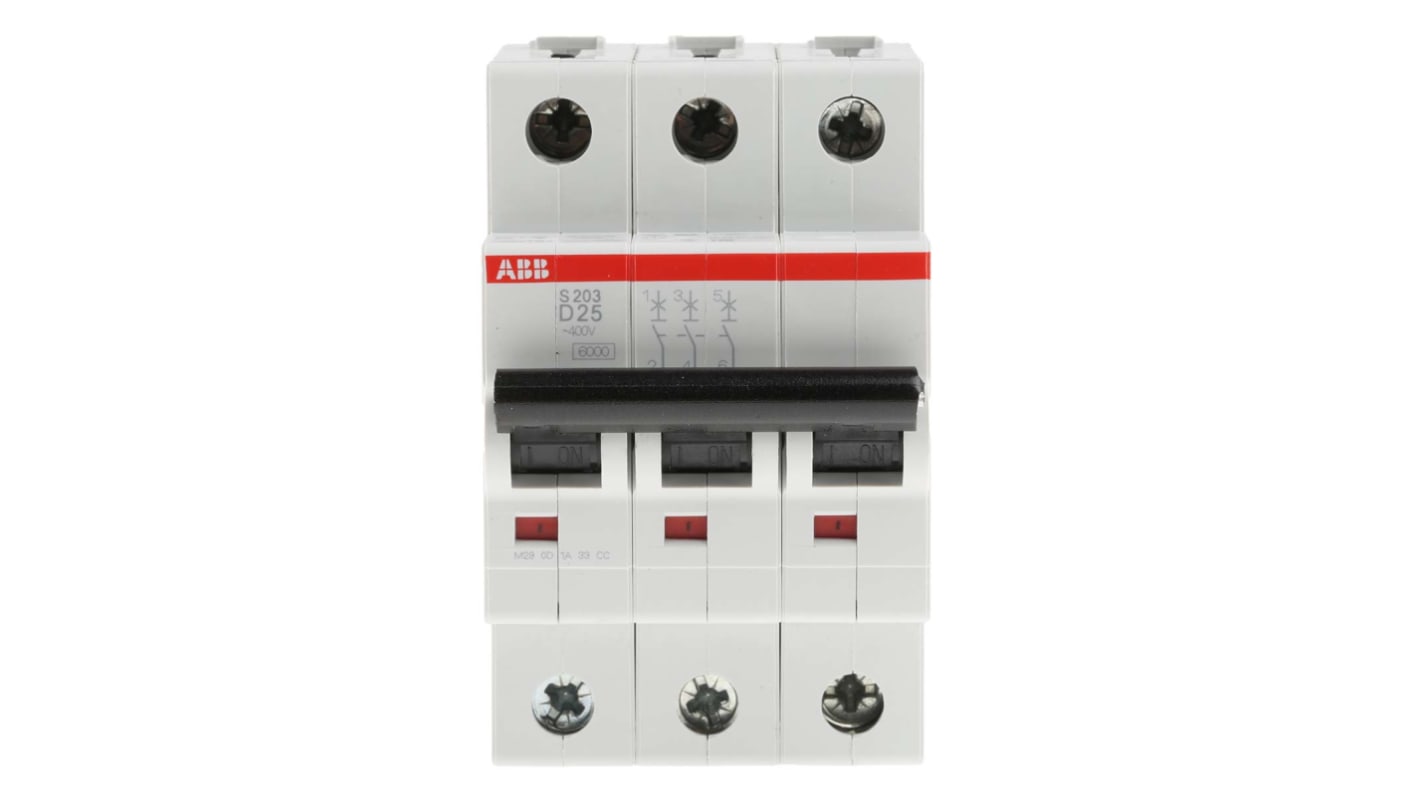 ABB System Pro M Compact S200 MCB, 3P, 25A Curve D, 440V AC, 6 kA Breaking Capacity