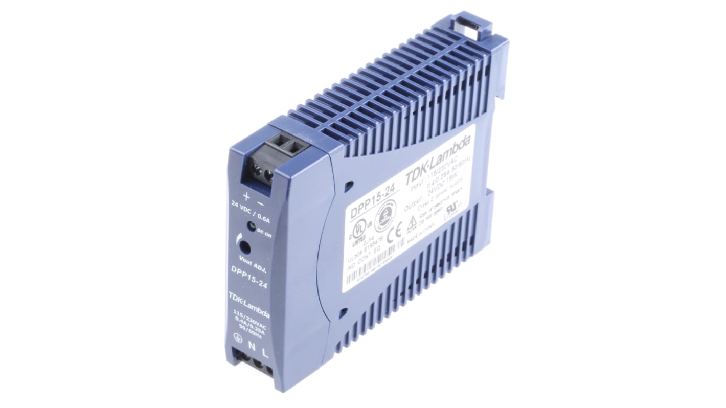 TDK-Lambda DIN-sín tápellátás, 1 kimenet, 24V dc, 630mA, BE: 85 → 264 V ac / 90 → 375V dc, 15W