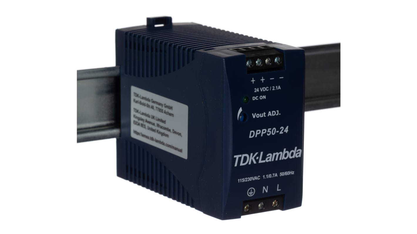 Alimentatore a montaggio su guida DIN TDK-Lambda, 24V cc, 2.1A, 85 → 264 V ac / 90 → 375V cc, 50W