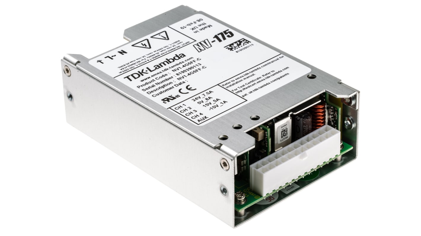TDK-Lambda 180W开关电源, 5 V dc, ±15 V dc, ±24 V dc, 1 A, 4 A, 7.5 A, 8 A, 4路输出, 底盘安装