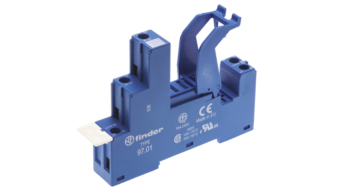 Finder 97 5 Pin 250V ac DIN Rail Relay Socket, for use with 46.61 and 46.52 Series Relay