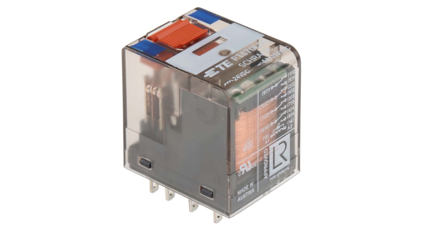 Relé de potencia sin enclavamiento TE Connectivity PT de 4 polos, 4PDT, bobina 24V dc, 6A, Montaje en PCB