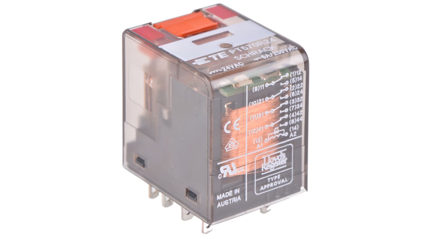 TE Connectivity PCB Mount Power Relay, 24V ac Coil, 6A Switching Current, 4PDT