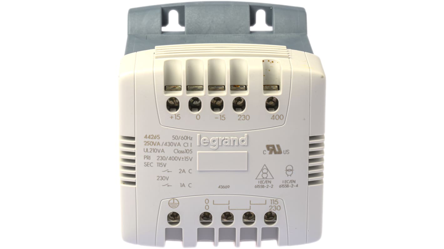 Legrand 250VA DIN Rail Transformer, 215V ac, 230V ac, 245V ac, 385V ac, 400V ac, 415V ac Primary, 115V ac Secondary