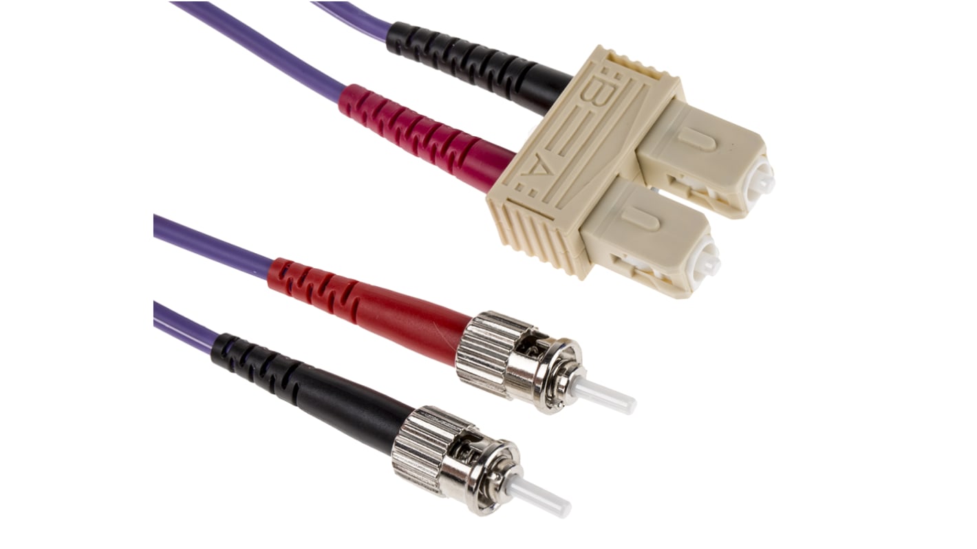 RS PRO SC to ST Duplex Multi Mode OM3 Fibre Optic Cable, 50/125μm, Purple, 1m
