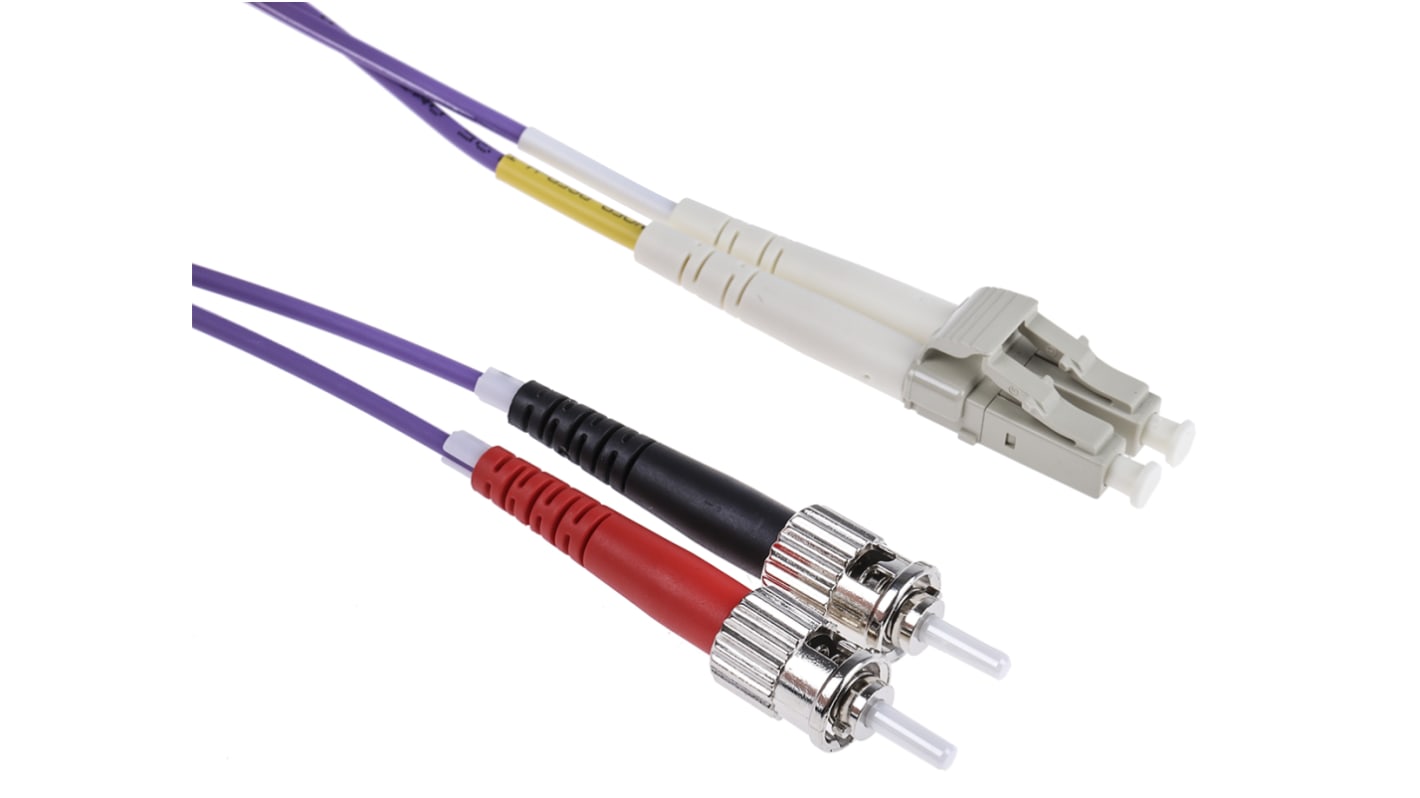 RS PRO LC to ST Duplex Multi Mode OM3 Fibre Optic Cable, 50/125μm, Purple, 2m