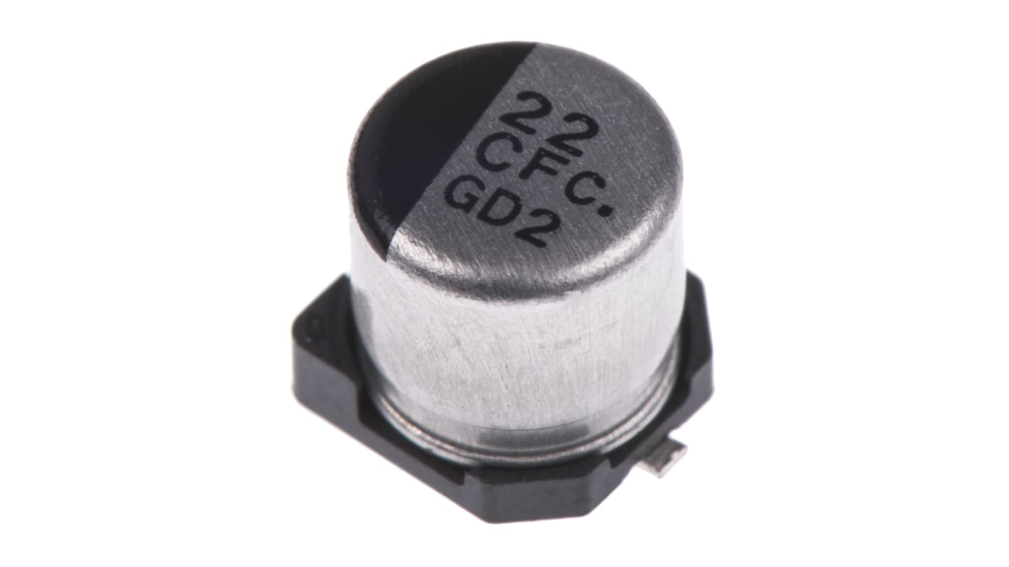 Condensador electrolítico Panasonic serie FC SMD, 22μF, ±20%, 16V dc, mont. SMD, 5 (Dia.) x 5.4mm