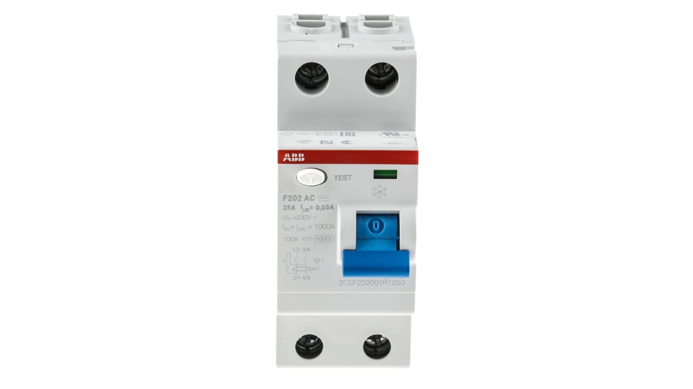 ABB F200 RCCB, 25A, 2 Pole, 30mA, Type AC, 230V