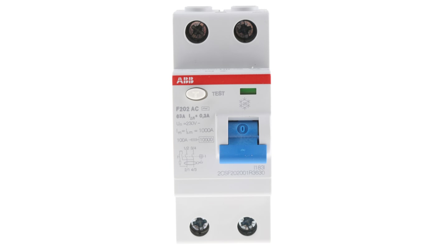 ABB F200 RCCB, 63A, 2 Pole, 300mA, Type AC