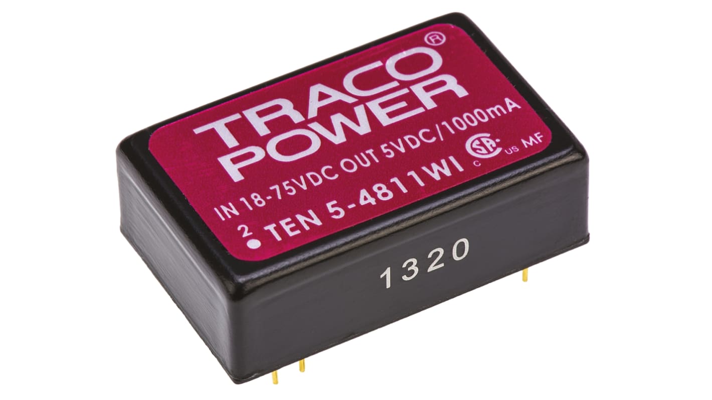TRACOPOWER TEN 5WI DC-DC Converter, 5V dc/ 1A Output, 18 → 75 V dc Input, 6W, Through Hole, +85°C Max Temp -40°C