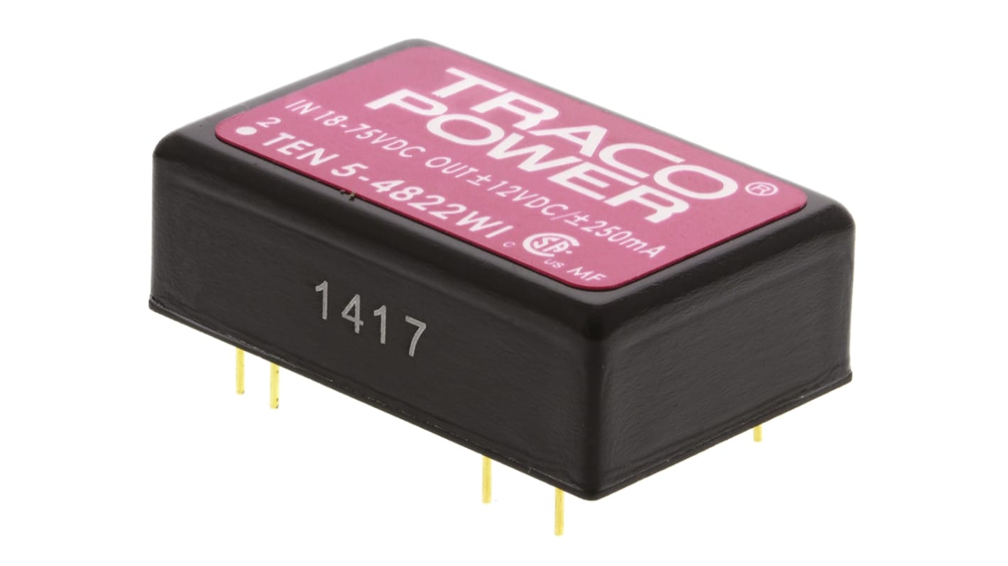 TRACOPOWER TEN 5WI DC-DC Converter, ±12V dc/ ±250mA Output, 18 → 75 V dc Input, 6W, Through Hole, +85°C Max Temp