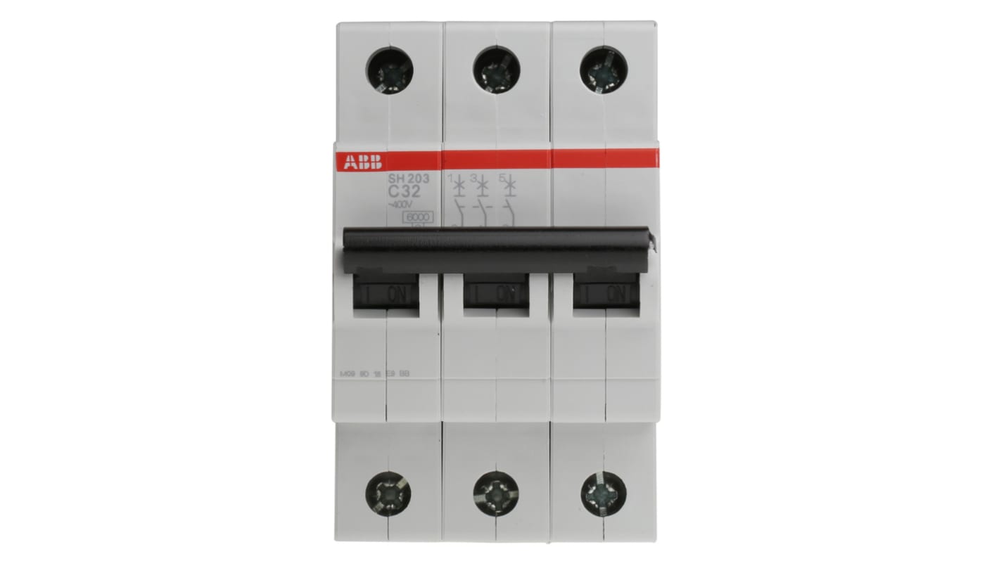 ABB Compact Home SH200 MCB, 3P, 32A Curve C, 440V AC, 6 kA Breaking Capacity