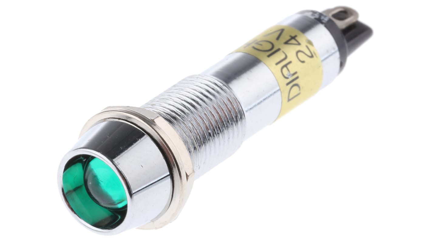 Indicador LED Dialight, Verde, lente rebajada, marco Cromo, Ø montaje 9mm, 24V dc, 15mA, 110mcd