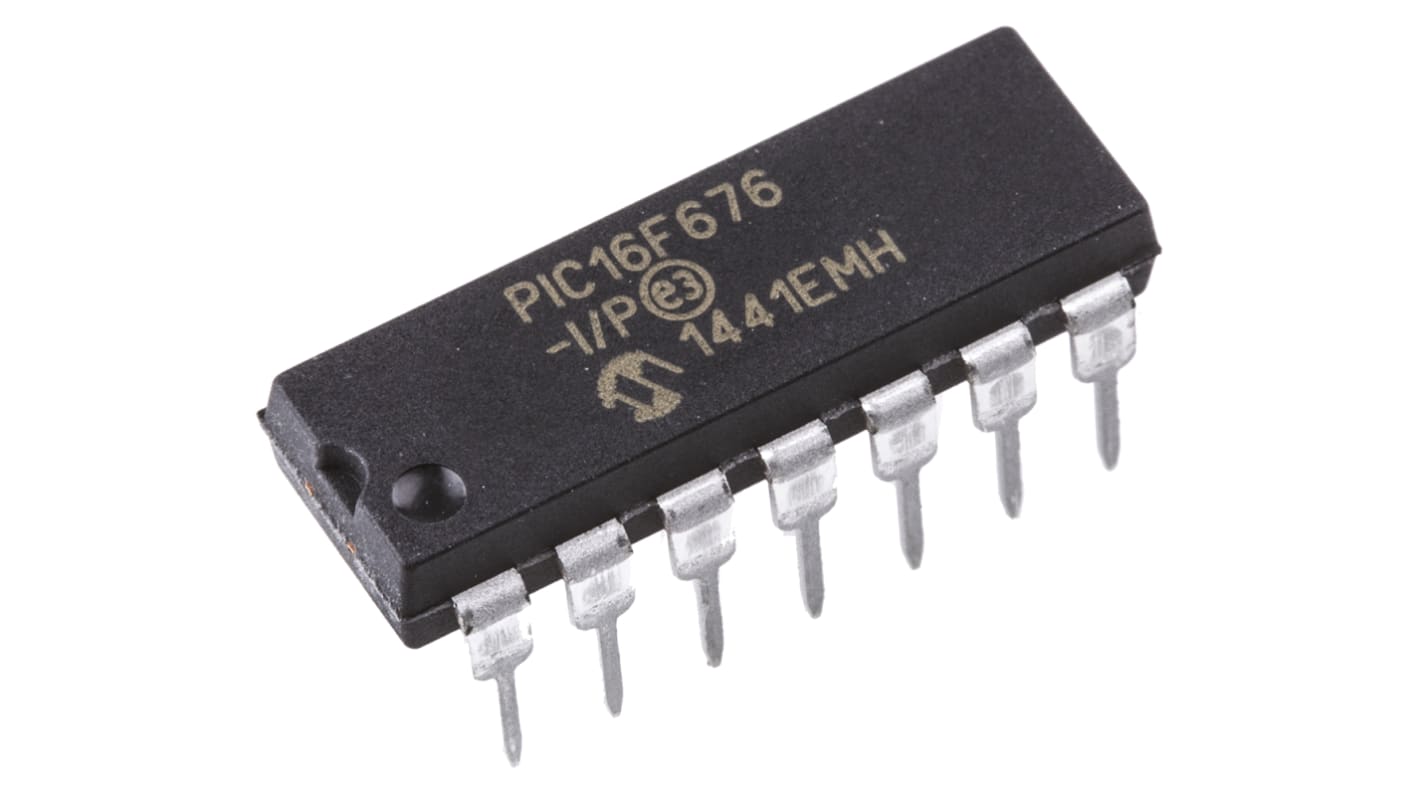 Microchip PIC16F单片机, PIC内核, 14针, PDIP, 最大20MHz, 128B，1024 x 14 字 闪存, 64 B RAM