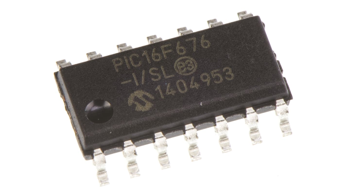 Microchip PIC16F676-I/SL, 8bit PIC Microcontroller, PIC16F, 20MHz, 1024 x 14 words, 128 B Flash, 14-Pin SOIC