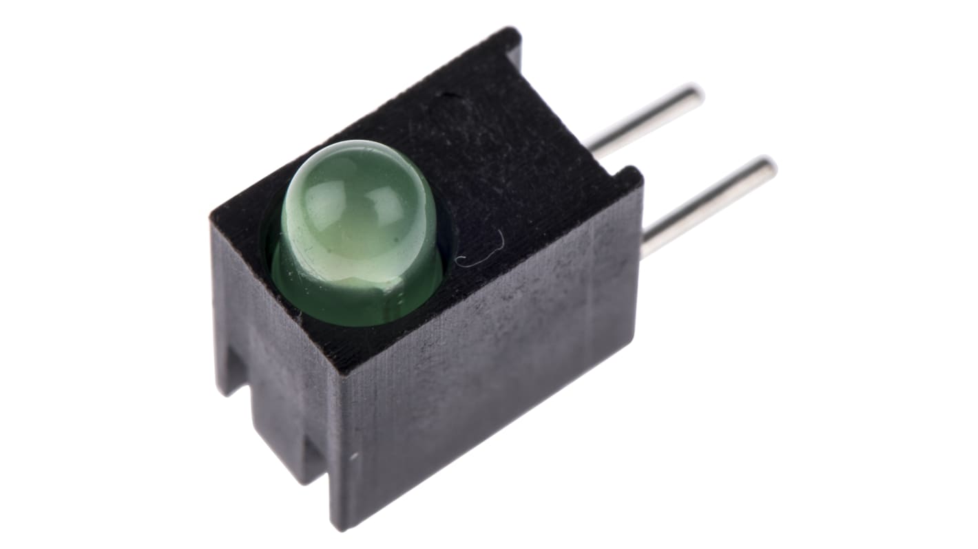 Indicador LED para PCB a 90º Dialight Verde, λ 565 nm, 1 LED, 1,9 V, 60 °, dim. 8.89 x 4.32 x 7.11mm, mont. pasante