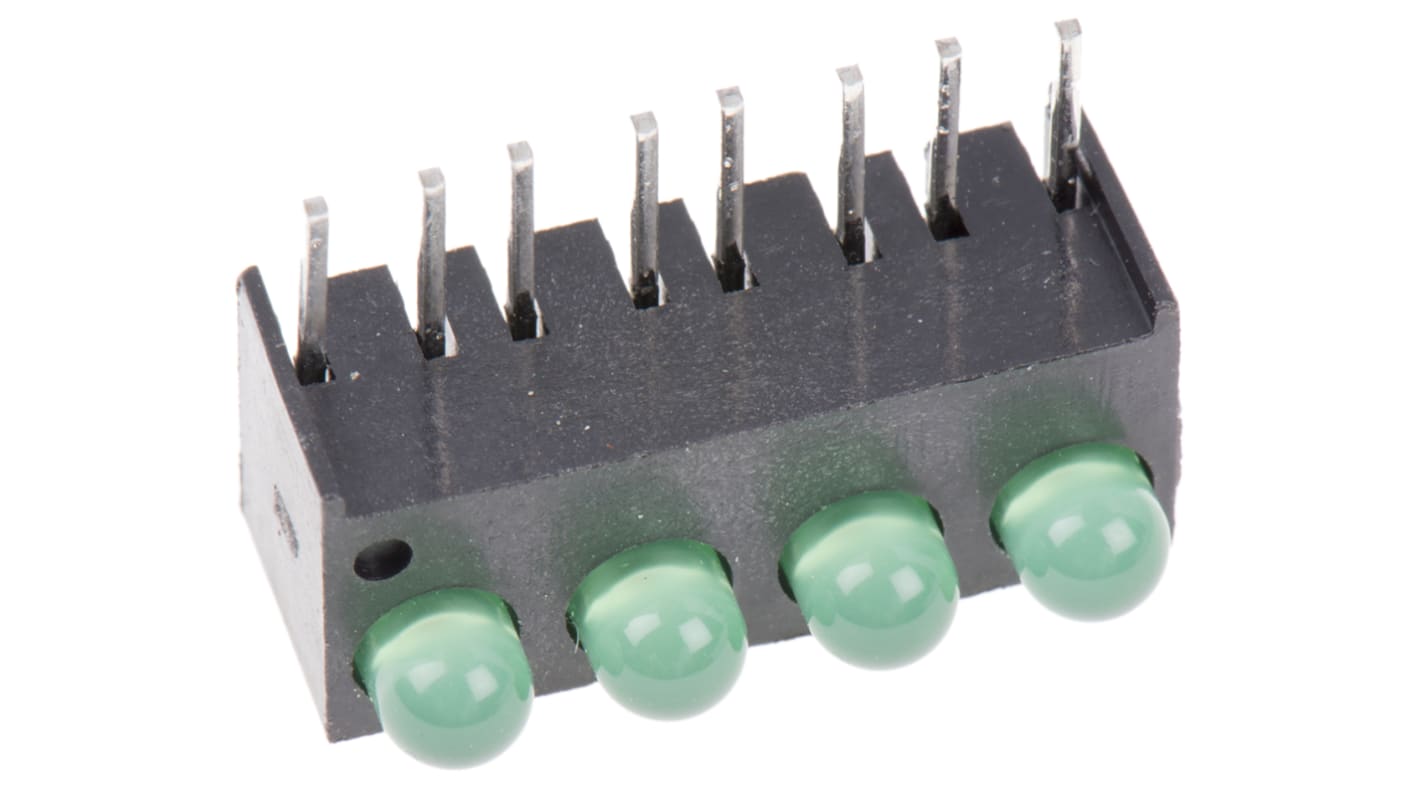 Indicador LED para PCB a 90º Dialight Verde, λ 563 nm, 4 LEDs, 2,1 V, 45 °, dim. 17.27 x 8.89 x 7.11mm, mont. pasante