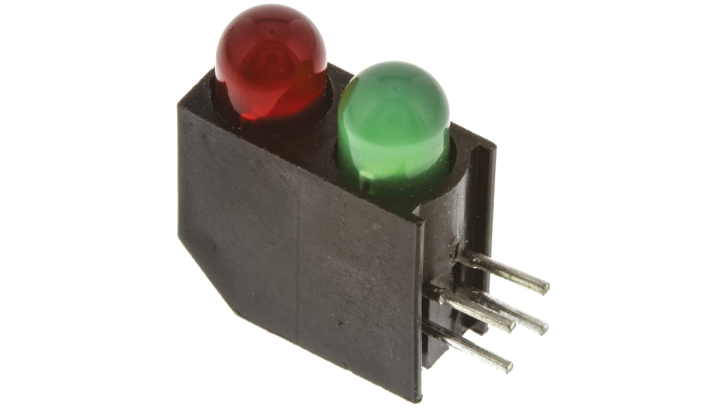 Indicador LED para PCB a 90º Dialight verde y rojo, λ 563 / 650 nm, 2 LEDs, 2,55 V, 3 V, 65 °, dim. 15.35 x 6 x