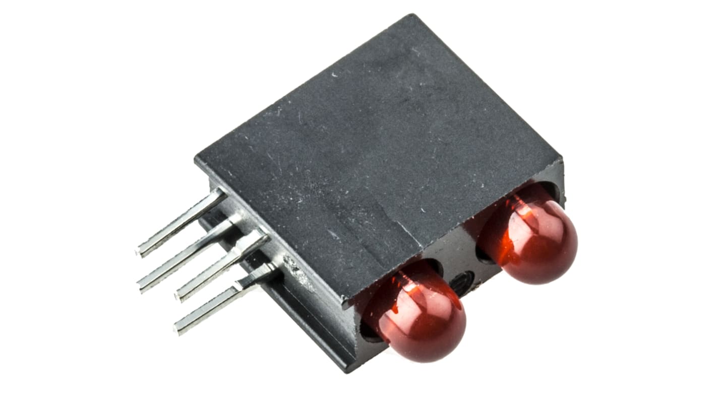 Indicador LED para PCB a 90º Dialight Rojo, λ 635 nm, 2 LEDs, 2,2 V, 60 °, dim. 8.1 x 4.3 x 9.7mm, mont. pasante