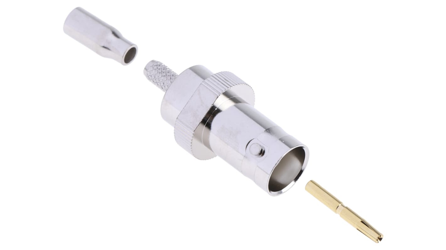 Conector coaxial RS PRO, Hembra, Recto, Impedancia 50Ω, Montaje de Cable, Terminación de Crimpado, 4GHz, RG174/U, Níquel