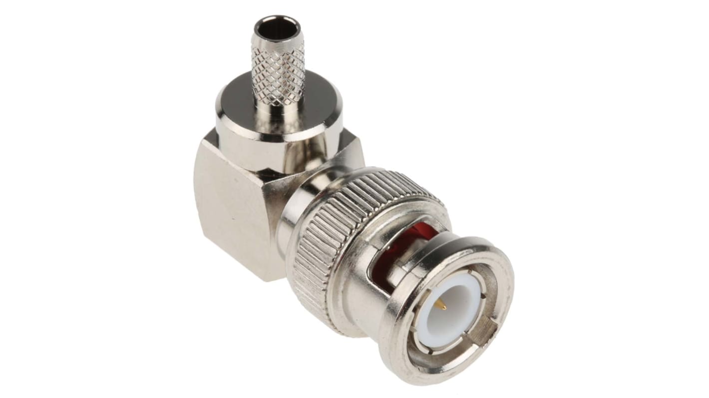 Conector coaxial RS PRO, Macho, Ángulo de 90° , Impedancia 50Ω, Montaje de Cable, Terminación de Crimpado, RG58, Níquel