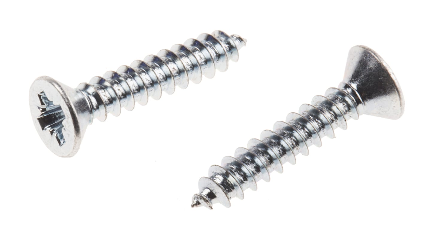 RS PRO Bright Zinc Plated, Clear Passivated Steel Countersunk Head Self Tapping Screw, N°6 x 3/4in Long 19mm Long