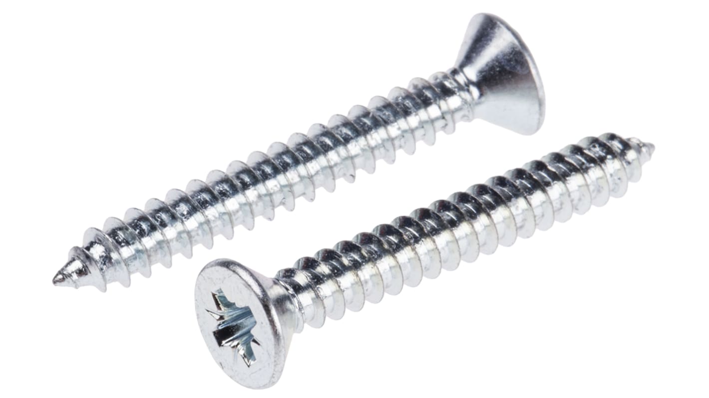 RS PRO Bright Zinc Plated, Clear Passivated Steel Countersunk Head Self Tapping Screw, N°8 x 1.1/4in Long 32mm Long