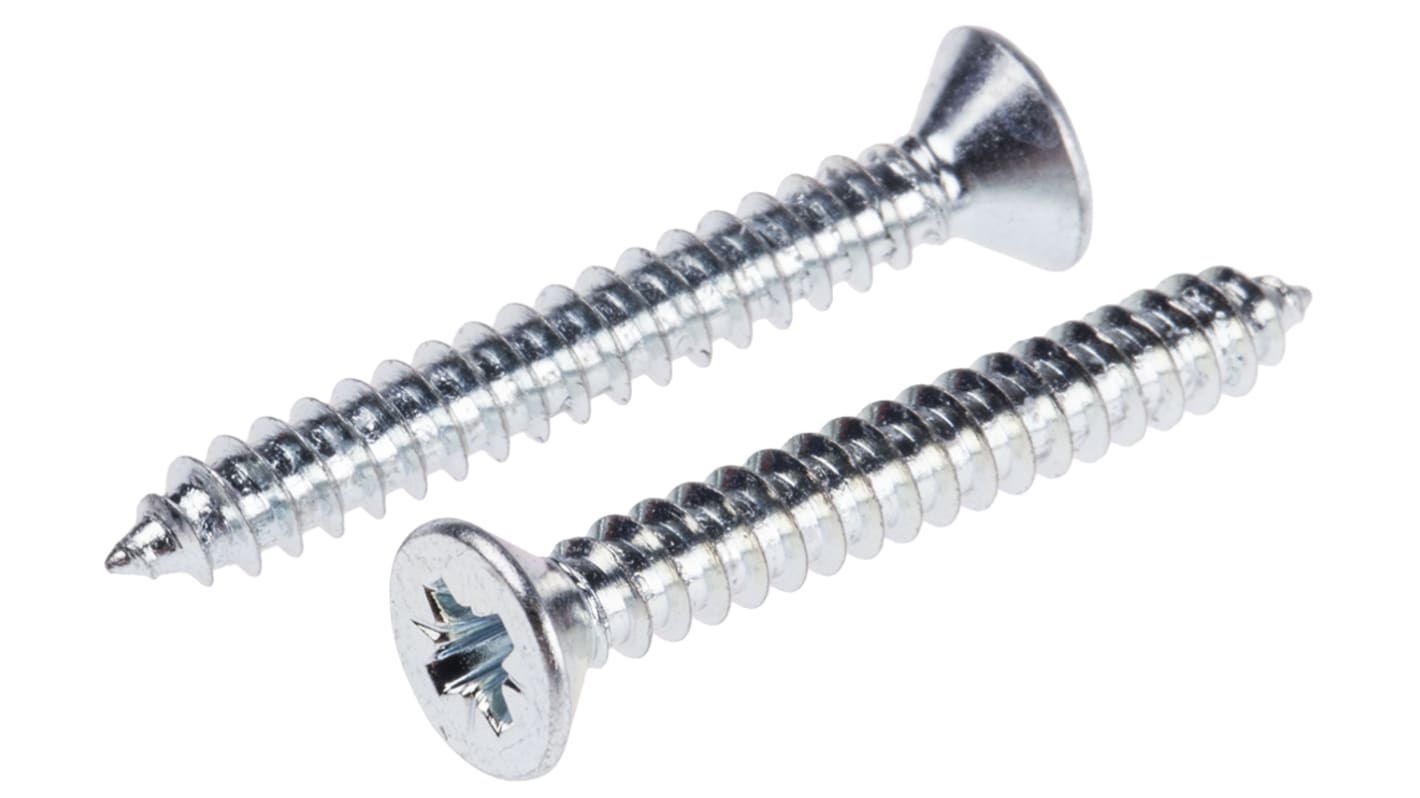 RS PRO Bright Zinc Plated Steel Countersunk Head Self Tapping Screw, N°8 x 1.1/4in Long 32mm Long