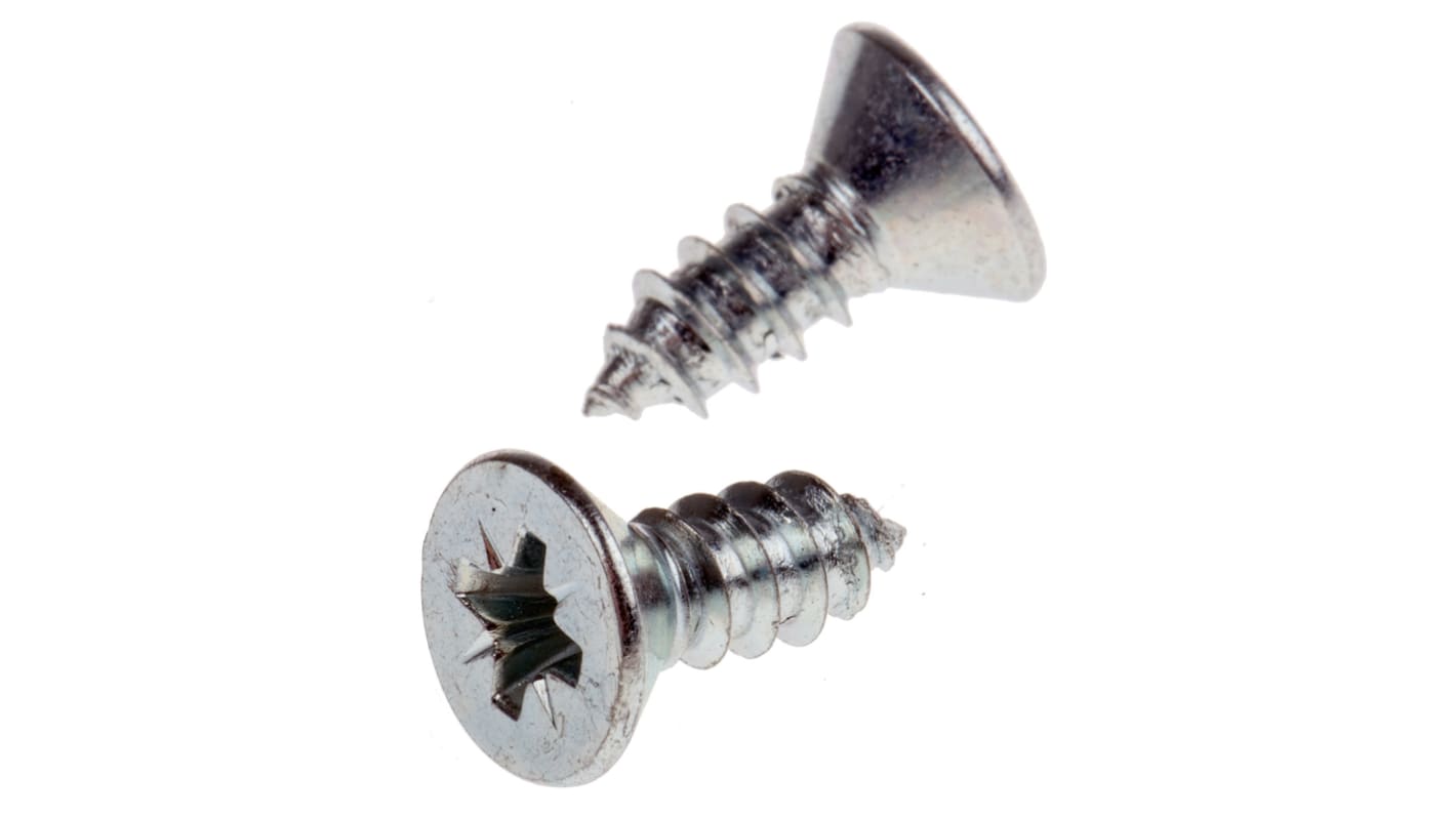RS PRO Bright Zinc Plated, Clear Passivated Steel Countersunk Head Self Tapping Screw, N°10 x 1/2in Long 13mm Long
