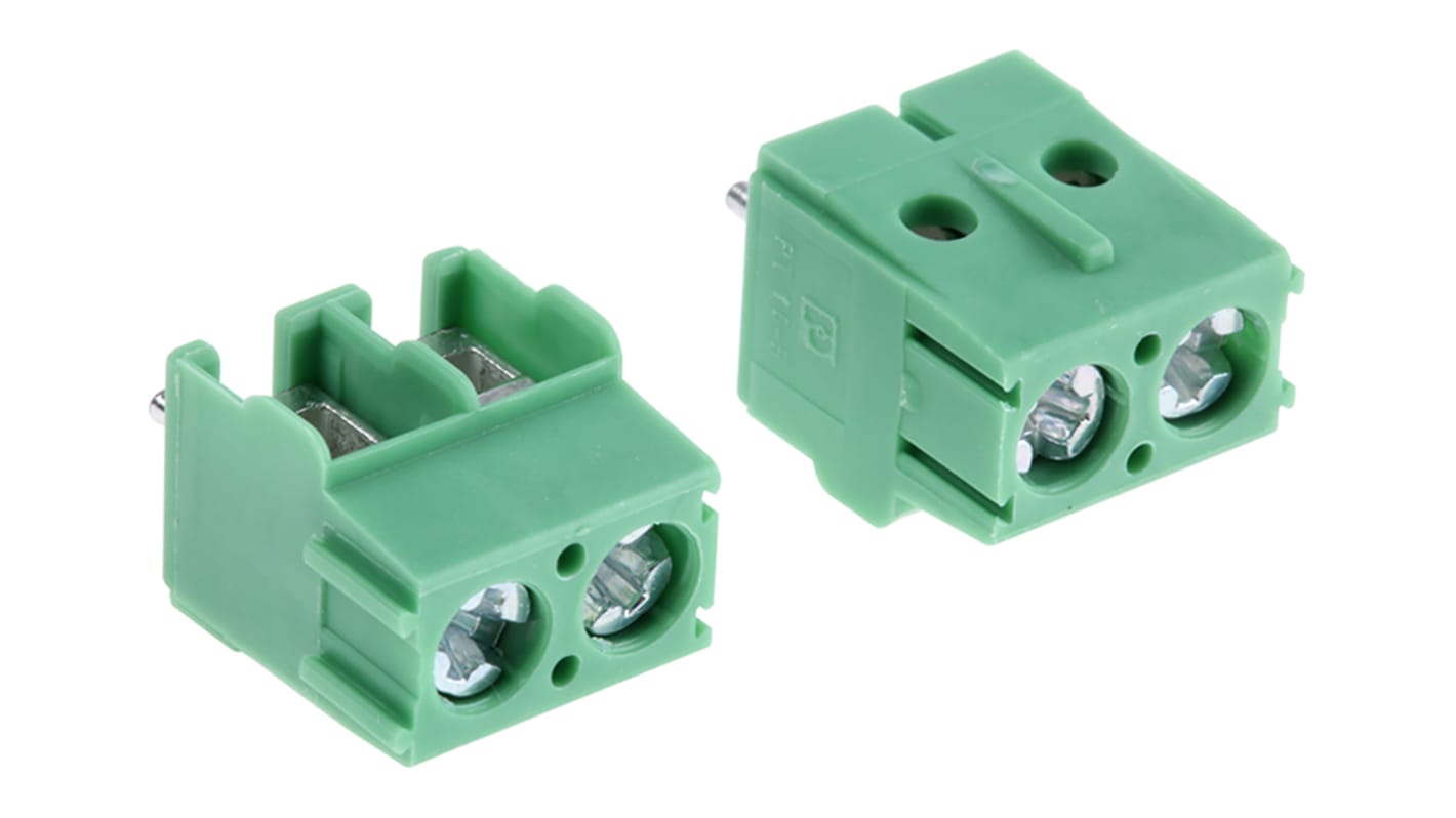 Phoenix Contact PT 1.5/2-5.0-H Series PCB Terminal Block, 2-Contact, 5mm Pitch, Through Hole Mount, Screw Termination