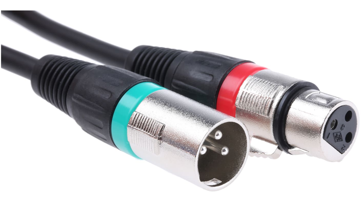 RS PRO Male 3 Pin XLR to Female 3 Pin XLR  Cable, Black, 3m