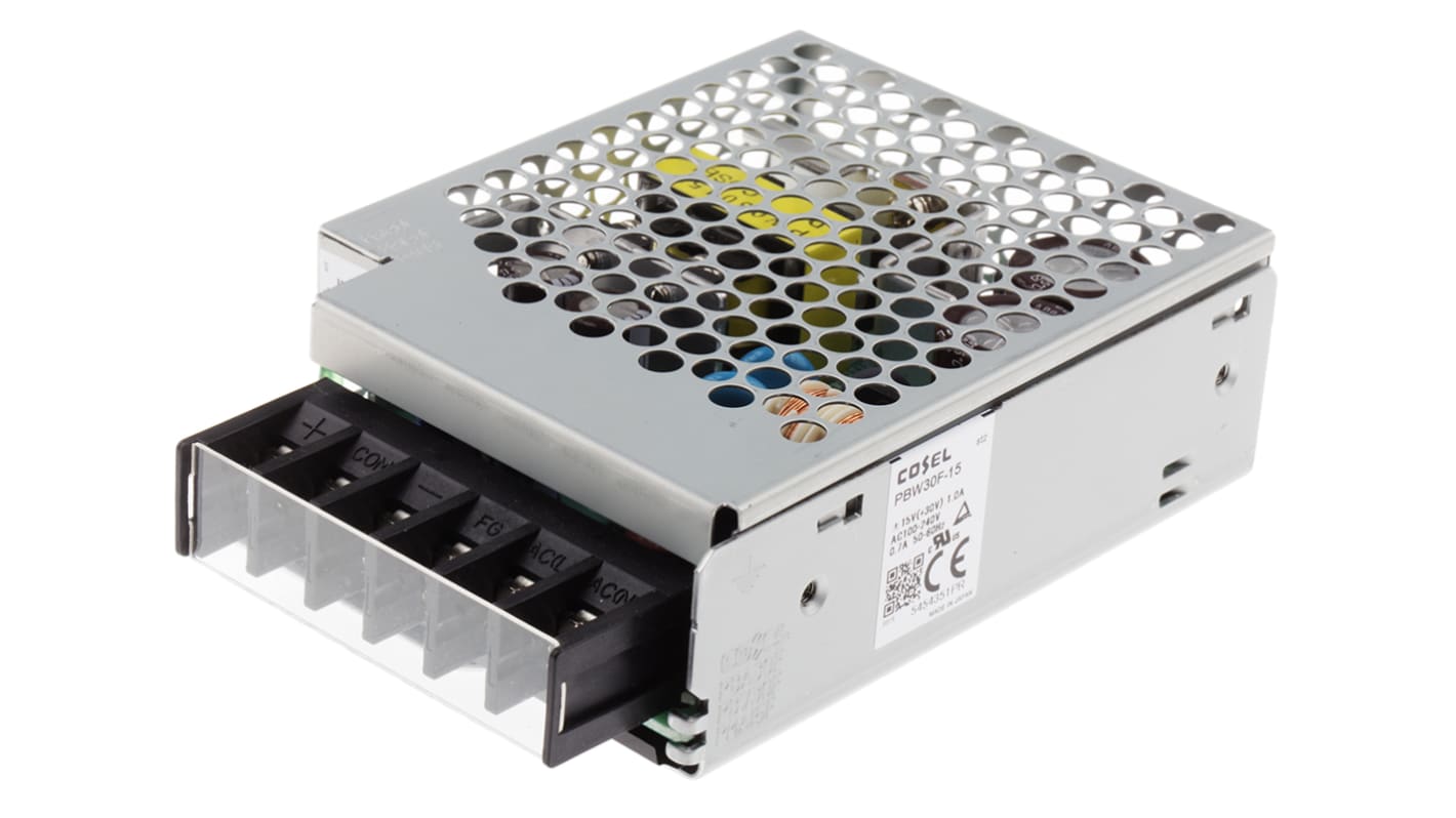 Cosel Switching Power Supply, PBW30F-15-N, ±15V dc, 1 A, 1.4 A, 30W, Dual Output, 110 → 370 V dc, 85 →