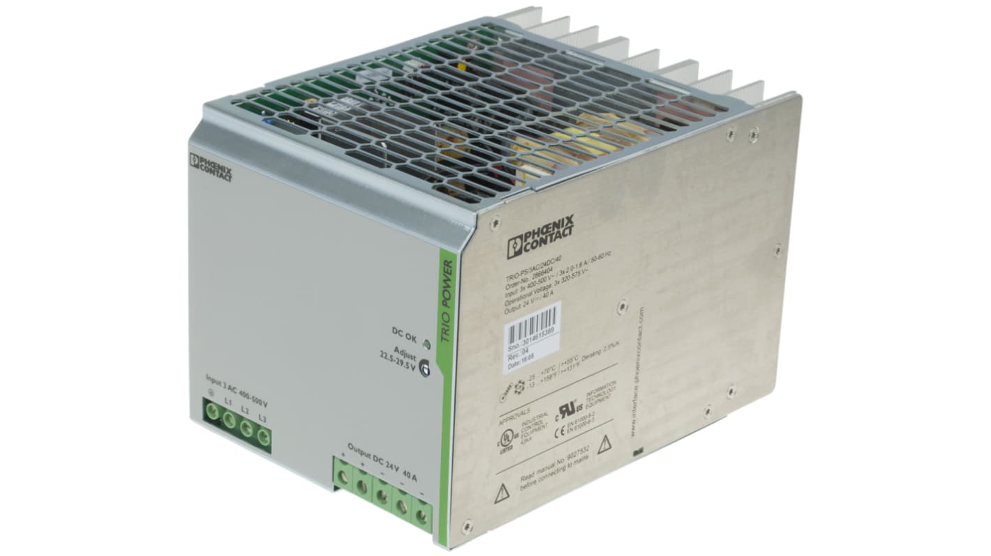 Phoenix Contact TRIO POWER Switched Mode DIN Rail Power Supply, 400V ac ac Input, 24V dc dc Output, 40A Output, 960W