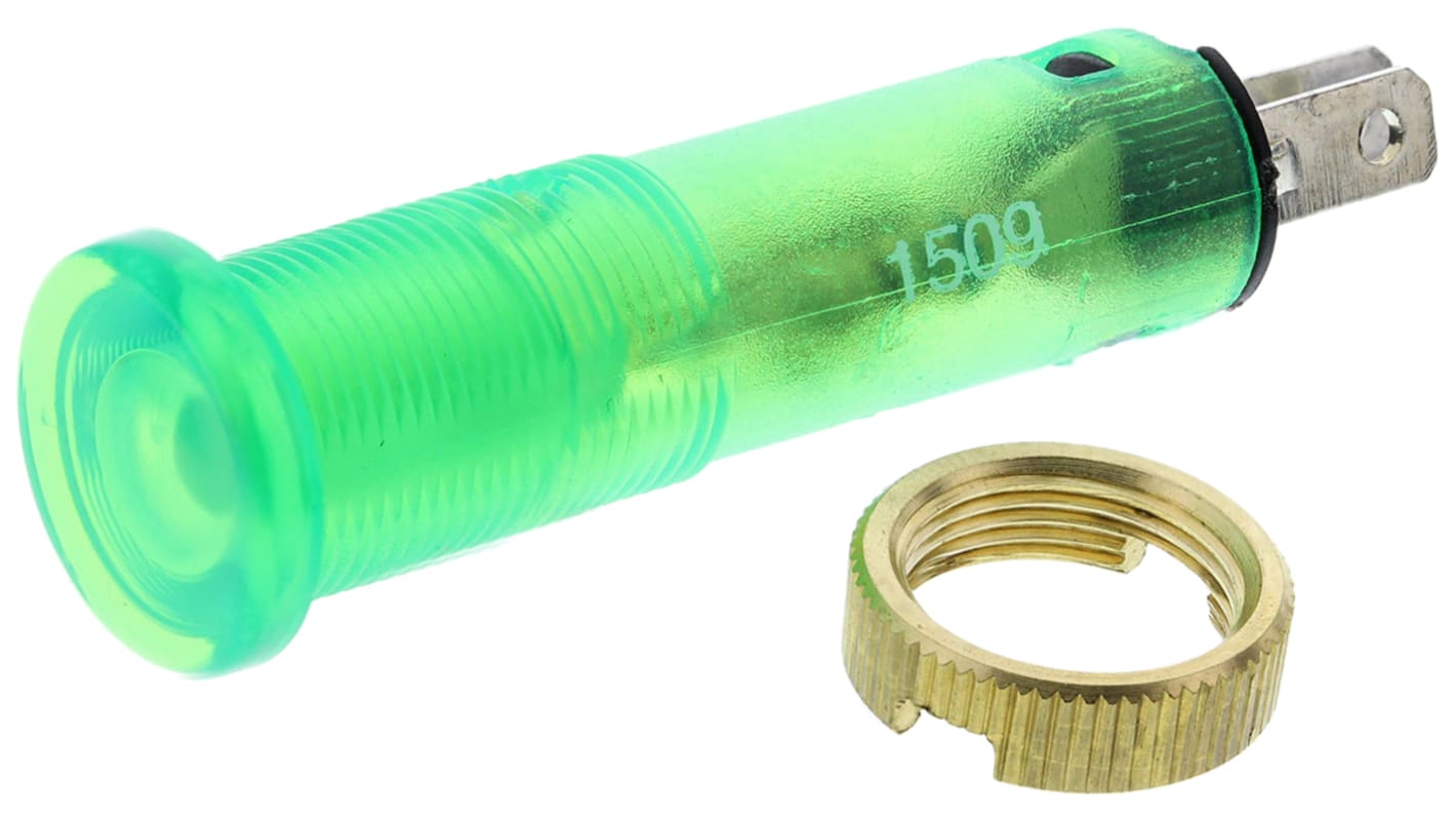 Indicador LED de color Verde, lente prominente, Ø de montaje 8mm, 24V, 18mA