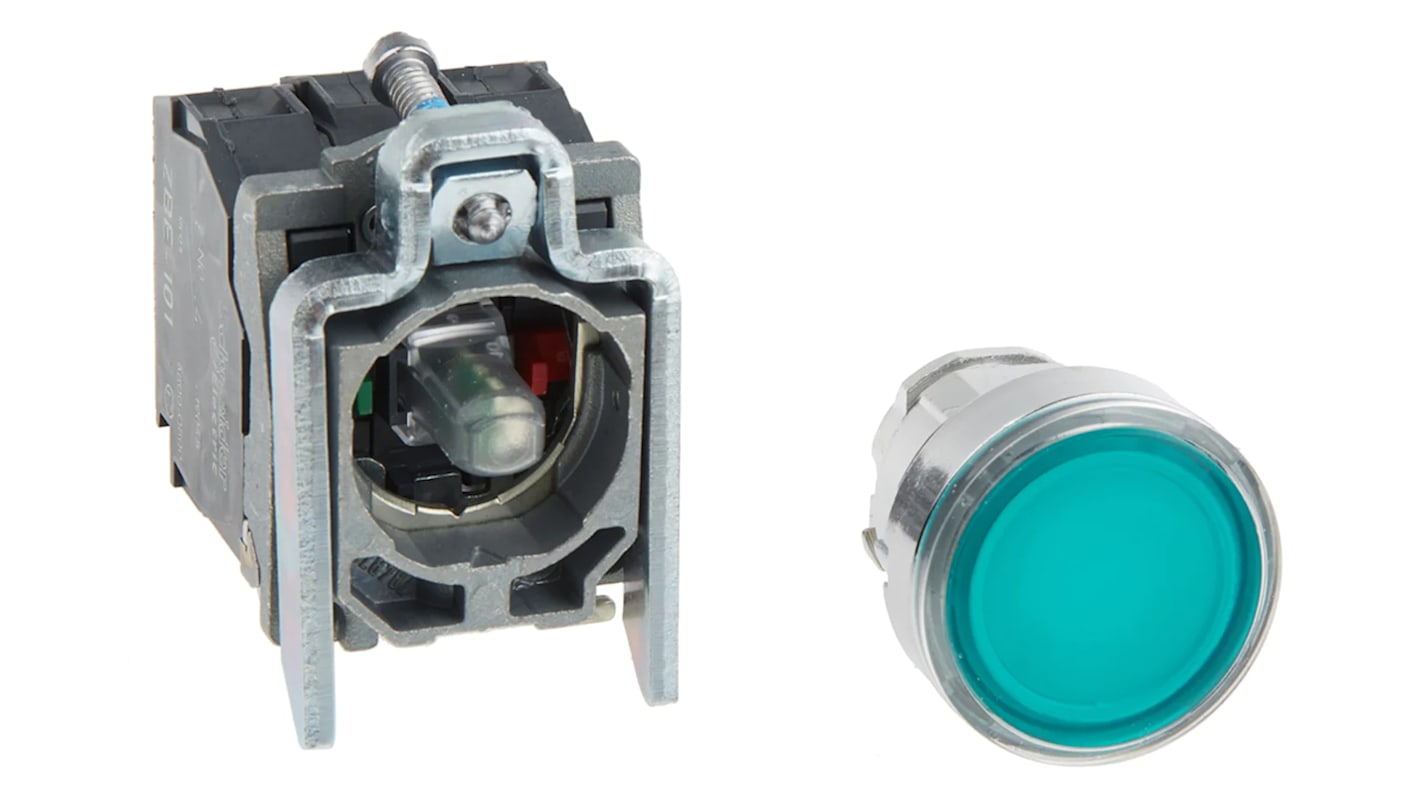 Schneider Electric 带灯按钮, Φ22mm开孔, 面板安装, 绿色圆形, 单刀双掷, Harmony XB4系列