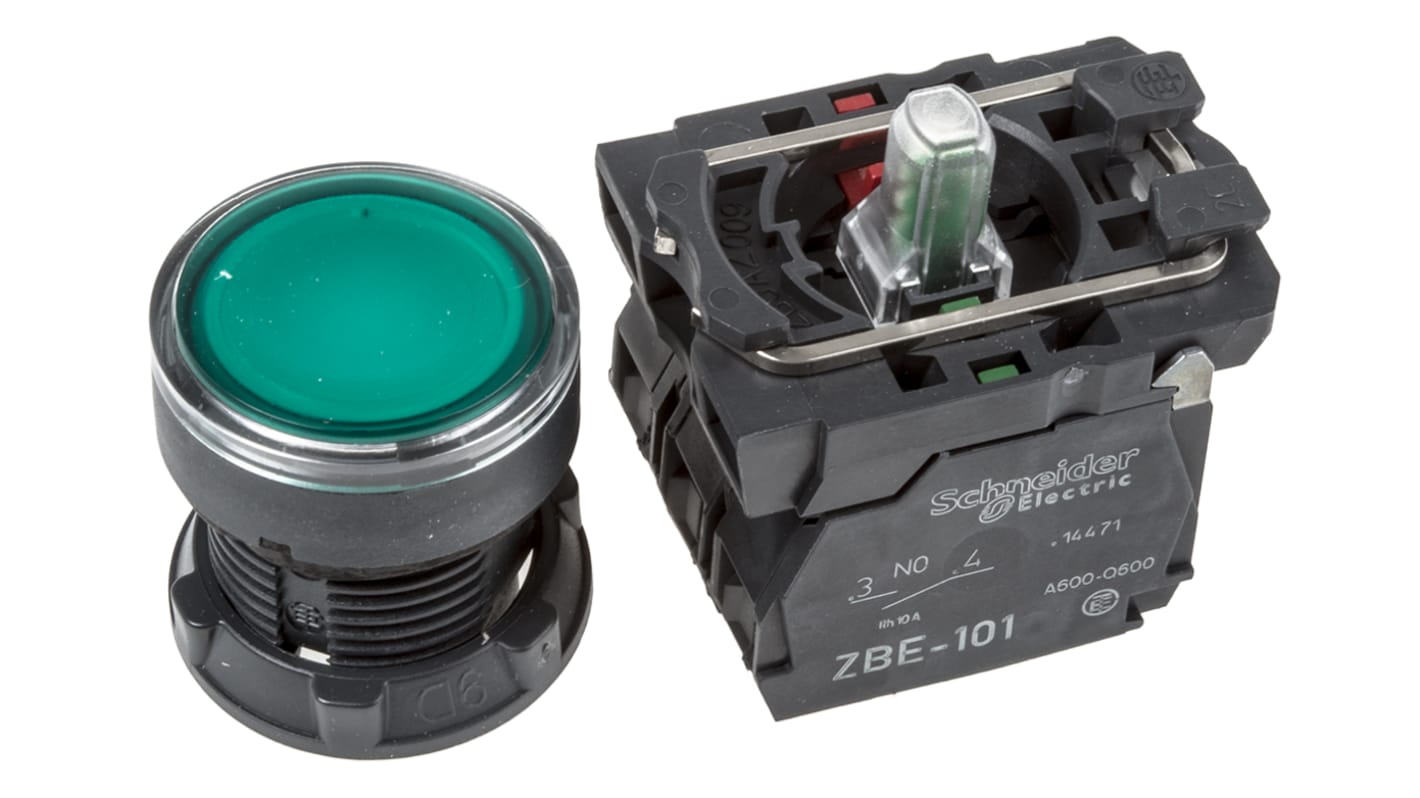 Pulsador Schneider Electric Harmony XB5, color de botón Verde, SPDT, Montaje en Panel, IP66, IP67, IP69(IP69K),