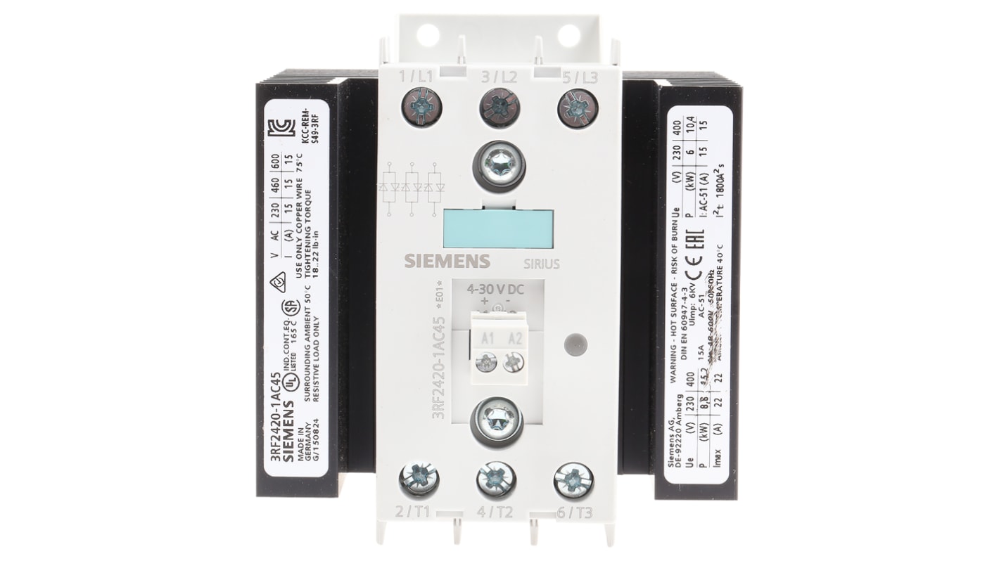 Relè a stato solido 3RF2420-1AC45, Guida DIN, 20 A, 600 V, Zero Cross, 3P-NA SIRIUS 3RF 3RF2